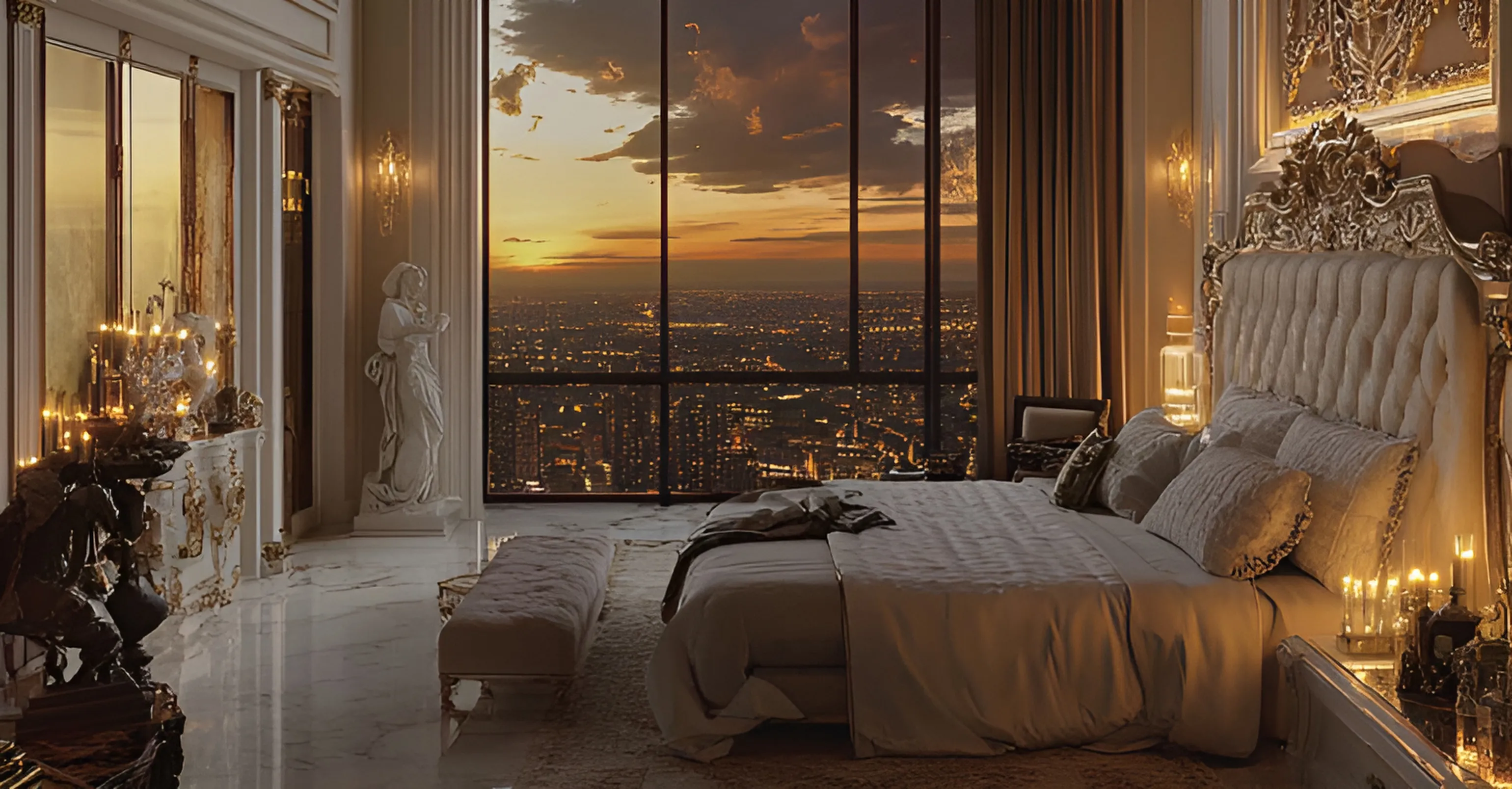 Living room, sofa, panoramic view on clouds